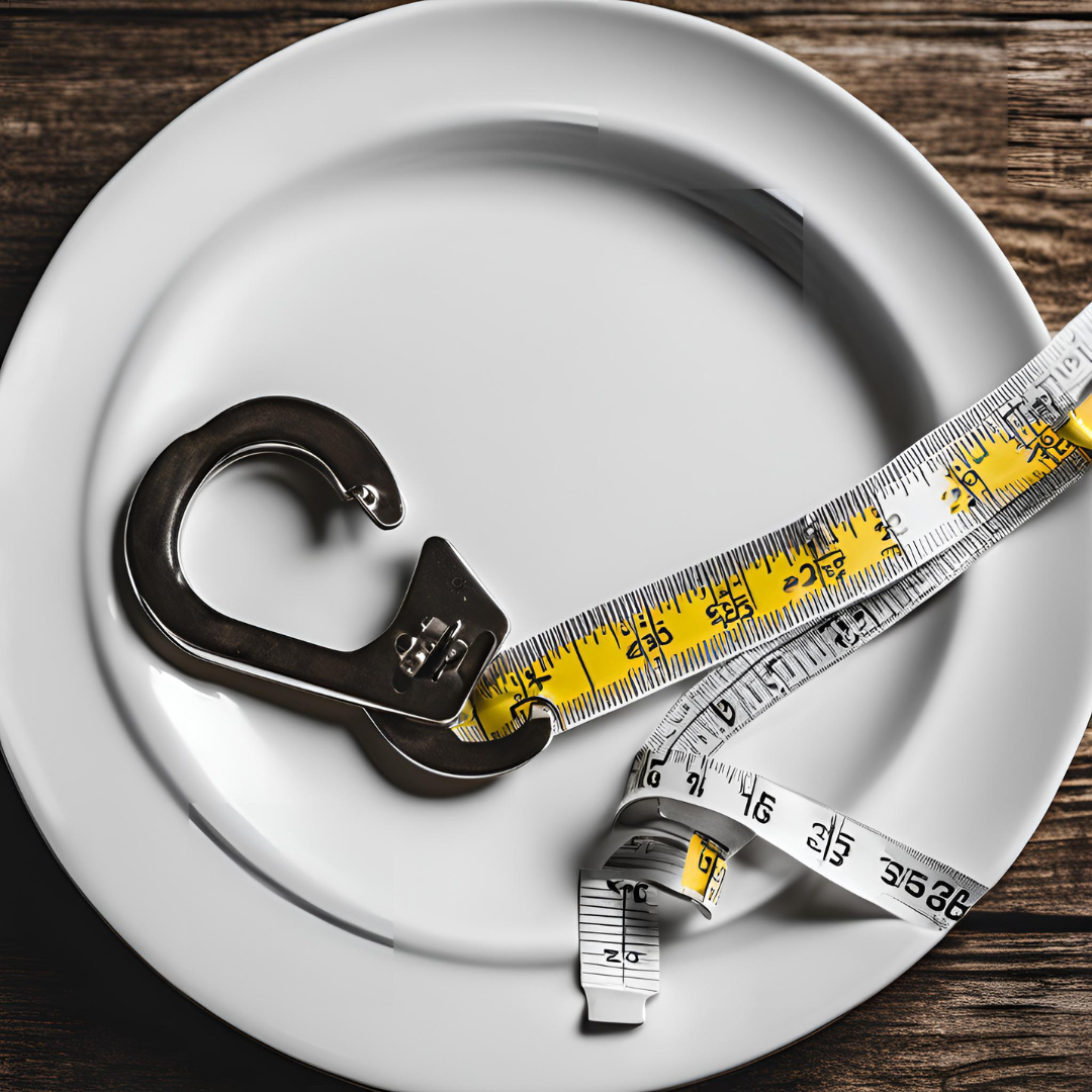 Plato de comida con el único contenido de una esposa junto a una cinta métrica, representando así el trastorno de conducta alimentaria TCA.