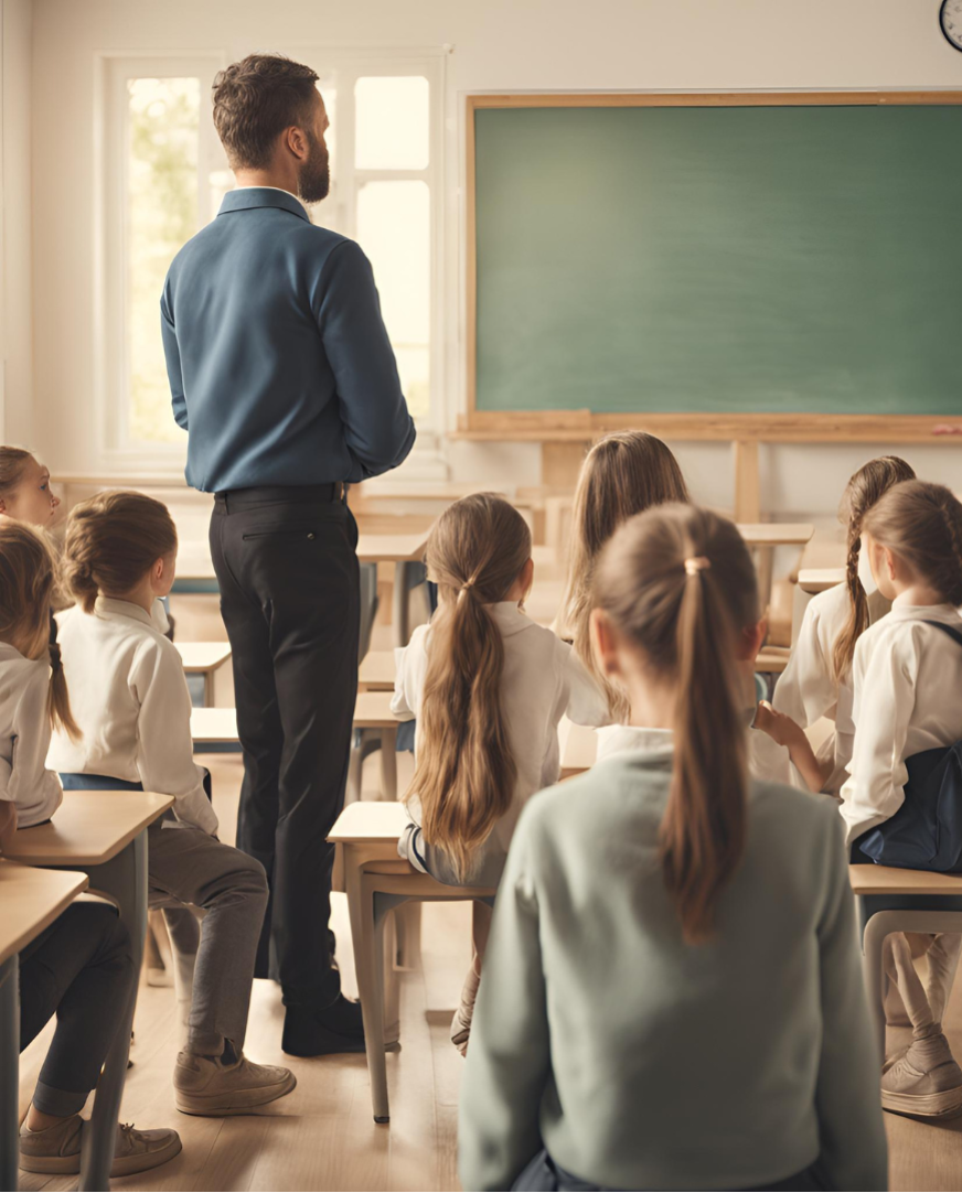 Aula con alumnos donde aparece un profesor y niños pequeños mirando a la pizarra como representación de que la prevención se realiza en edades tempranas