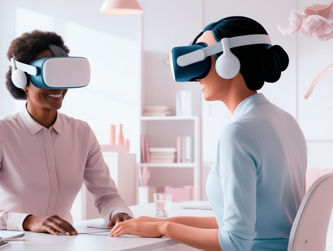 Paciente y Psicóloga se encuentran en un despacho ambas con gafas de realidad virtual.